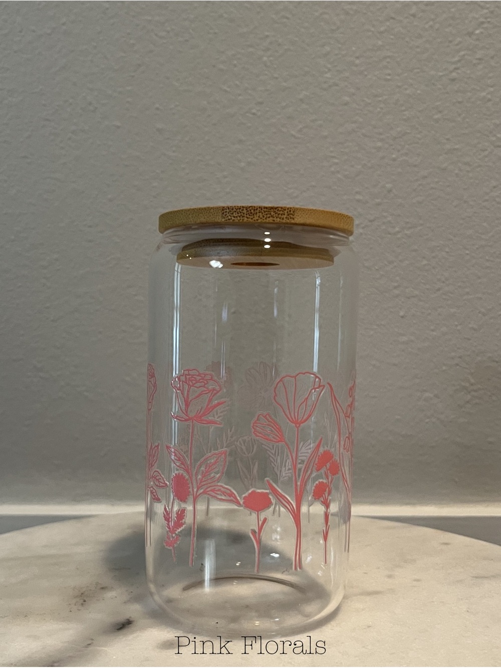 Glass Drink Tumbler Cup Pink Floral Design and Bamboo Lid